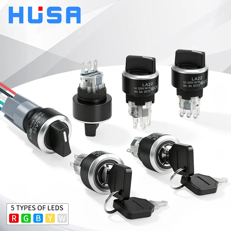 LA22Y 22mm Anti‑Static Key Knob Selector Switch, 2/3 Position, Latching Momentary Changeover Switch HUSA