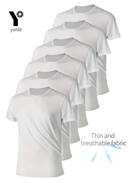 T-shirt z okrągłym dekoltem 6-częściowy biały, ultralekki męski szybkoschnący, oddychający, pochłaniający pot koszula odpowiednia do ćwiczeń na siłowni i Ru