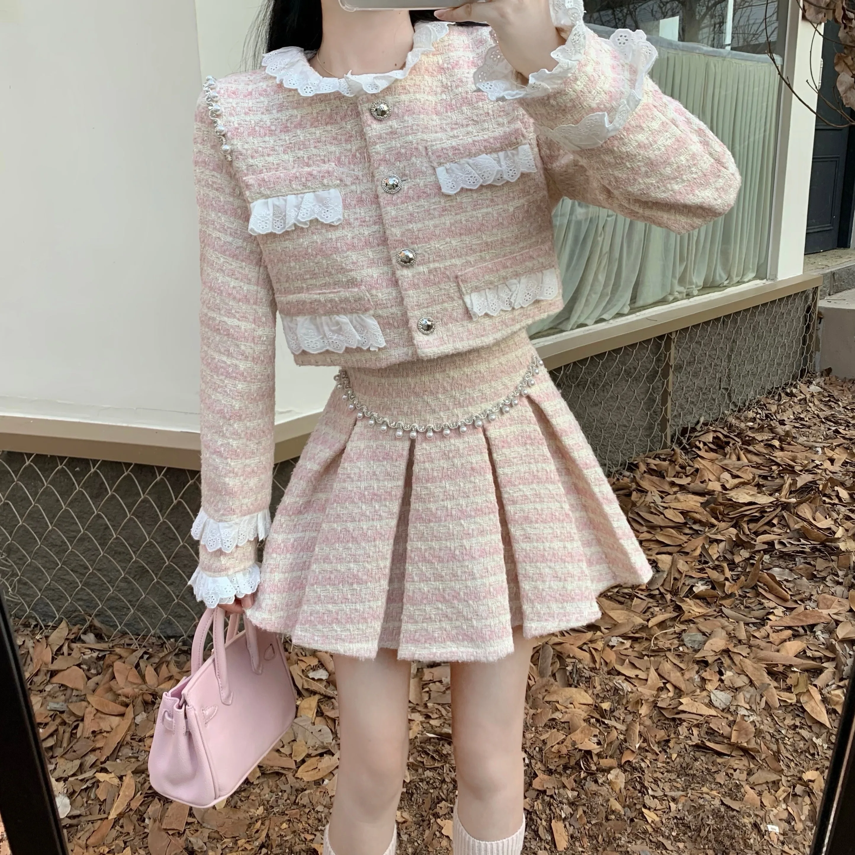 Real Shot Original Price - Heavy Tweed Jacket and High-Waisted Pleated Short Skirt Chic Style Wool Set for Women Female, Winter