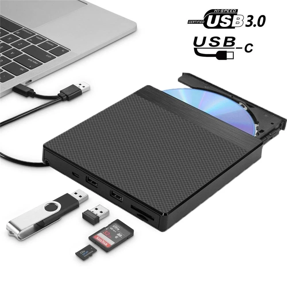 External CD/DVD Drive USB 3.0 Type-C CD DVD Writer With SD/TF & USB Slots Optical Drive DVD RECORDER For Laptop Mac Windows 11