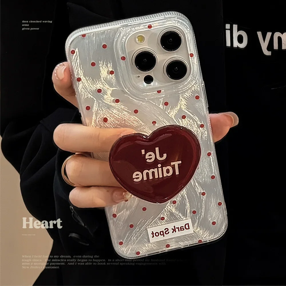 Retro Style Red Heart Bracket Shining Phone Case for IPhone16 15 14 12 13 11 Pro ProMax Plus X XR Shockproof Phone Cover