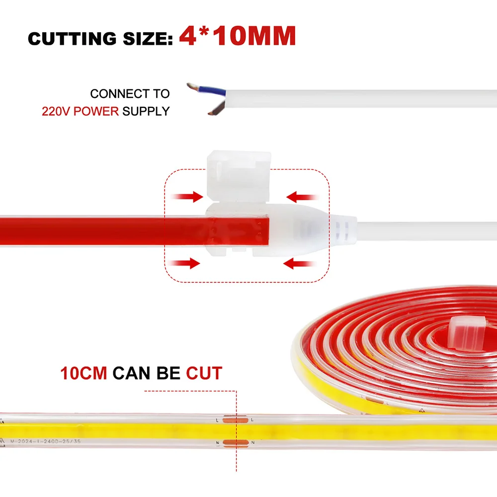 220V Dimmable LED COB Strip Lights with Adhesive 240 LEDs Flexible Tape Lamp RA90 Linear Lighting/Home Decoration