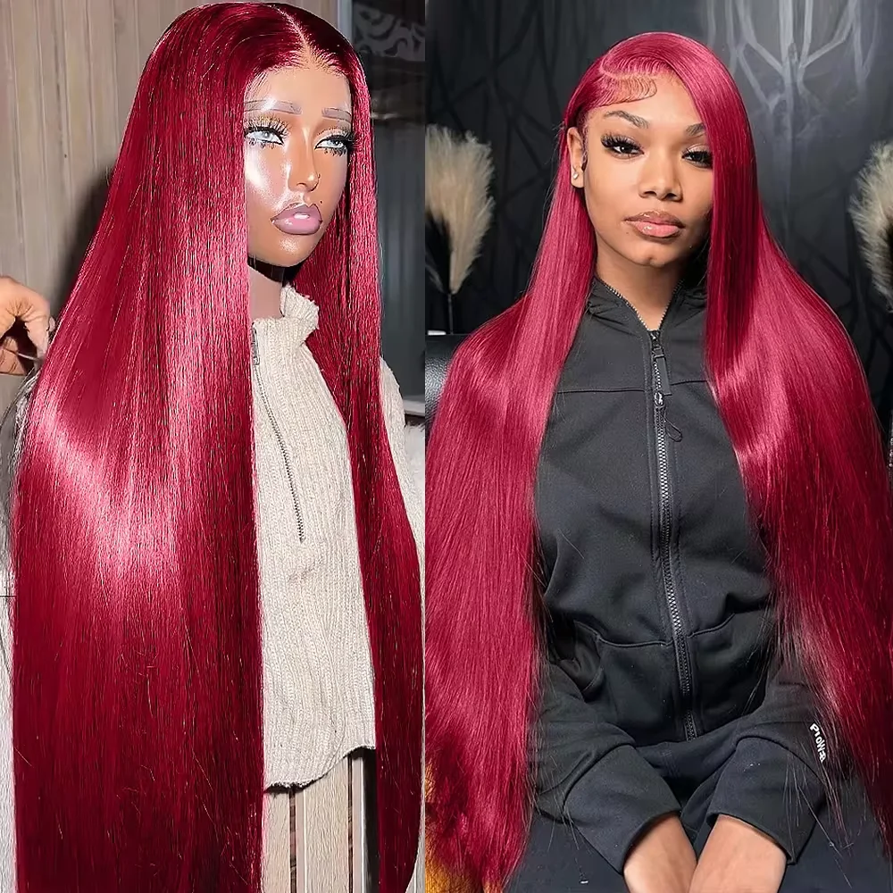 Burgundy 99J Colored Straight 13x4 Full Lace Frontal Human Hair Wigs 200 Density Transparent Remy Lace Front Wigs