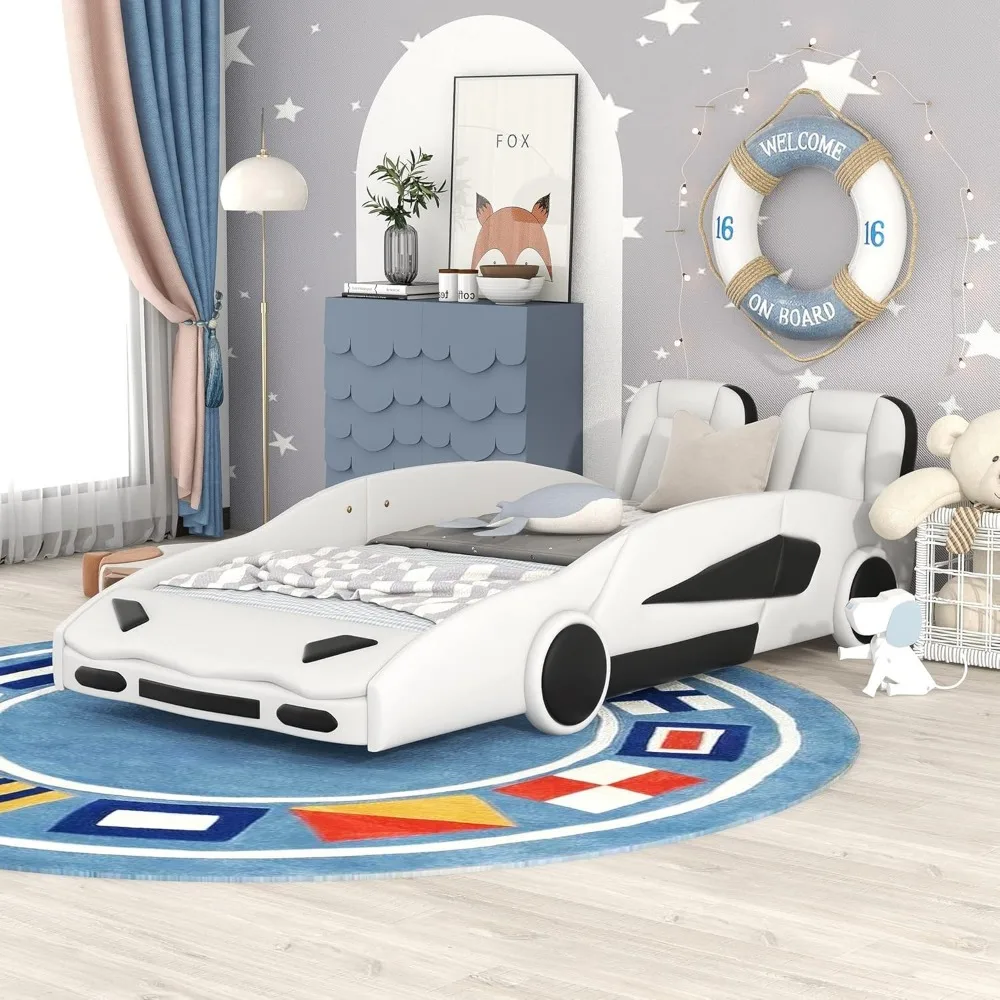 Cama de coche de tamaño doble, plataforma en forma de coche de carreras, estructura de cama de madera con ruedas y ambos lados, soporte de listones, muebles de camas para niños