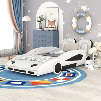 Cama de carro de tamanho duplo, estrutura de cama de madeira com plataforma em forma de carro de corrida com rodas e ambos os lados, suporte de ripas, móveis de camas infantis