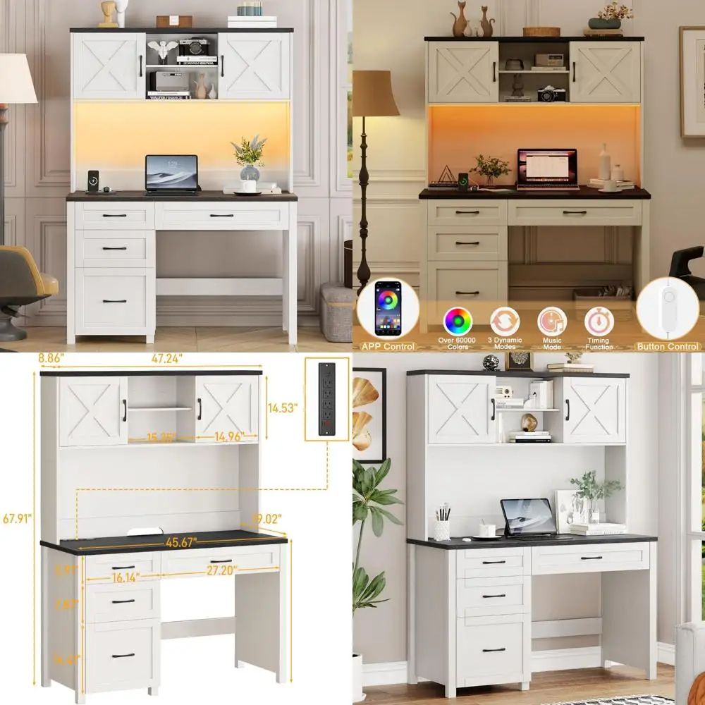 مكتب تنفيذي مزود بخزانة، و4 أدراج، وإضاءة LED، وخزانة تخزين، وأدراج الملفات، ومحطة شحن