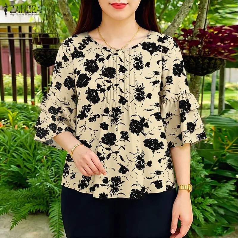 Bohemian Floral Printed Blouse ZANZEA Women Casual O Neck 3/4 Ruffled Sleeve Holiday Tops Femme Summer Loose Work Shirt Oversize