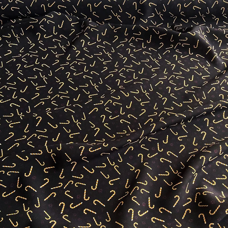 114CM Wide 16mm Golden Printed Thin Black Silk Crepe de Chine Fabric for DIY Sewing Summer Soft Pants Dress Pajamas C001-69