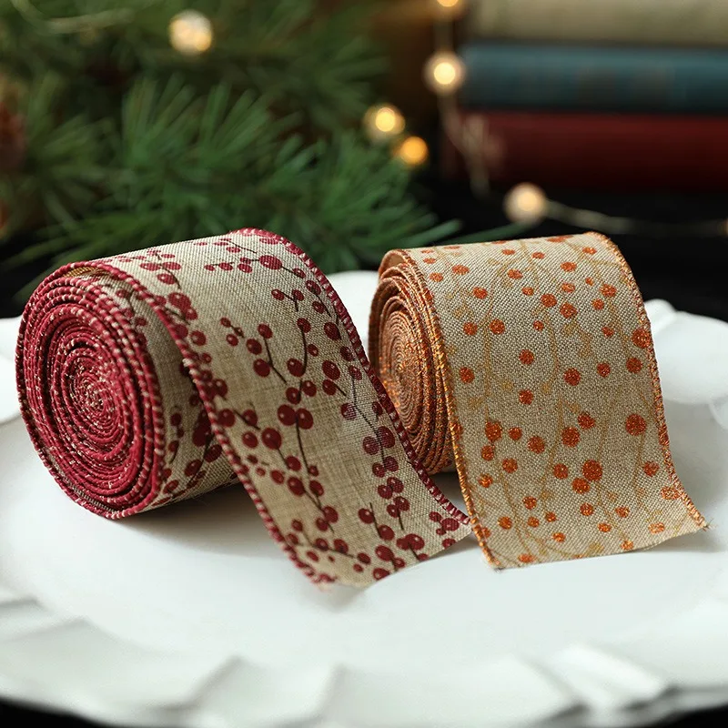 2m 6.3cm Christmas Ribbon Berries Printed Christmas linen Ribbon For Handmade Design Christmas Decoration DIY Gift Packing