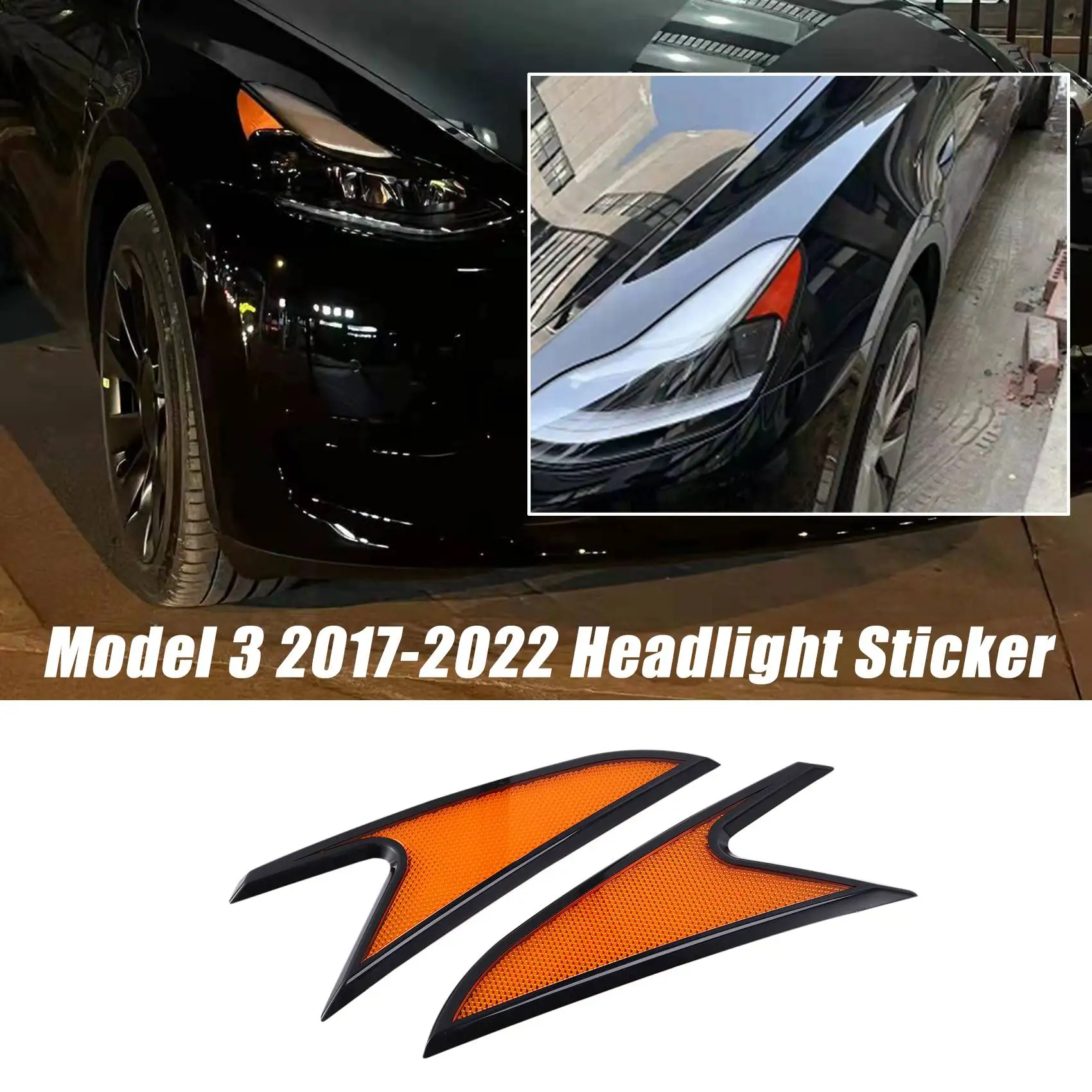 For Tesla Model 3 2017-2022 Car Front Headlight Reflector Sticker Trim Accessories Orange