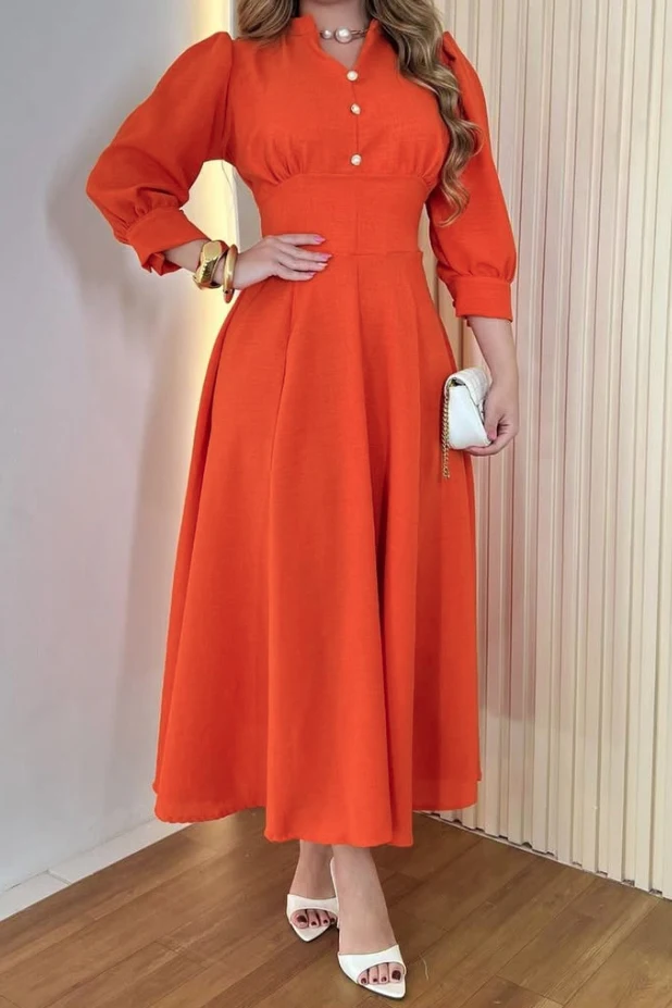 Elegancka sukienka damska w jednolitym kolorze, z długim rękawem, dekoltem w kształcie litery V, dopasowana, o kroju litery A, zapinana na guziki, odpowiednia na wiosnę, lato i jesień.
