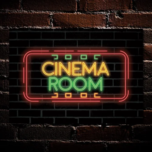 Cinema Room with Brick Wall Background Neon Effect Sign Decor Gift Metal Plaque