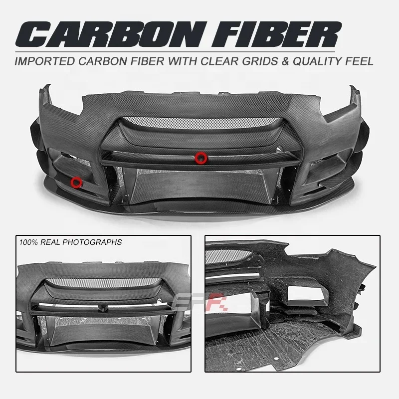 2008-2017 R35 GT-R TR2 Durable Double Side Dry Carbon Front Bumper 4-Piece Canard New Exhaust Bolt-On Universal