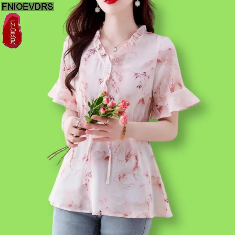

Retro Vintage Ruffles Peplum Tops New Design Women Summer Flare Sleeve Flower Printing Cute Sweet Button Shirts Blouses