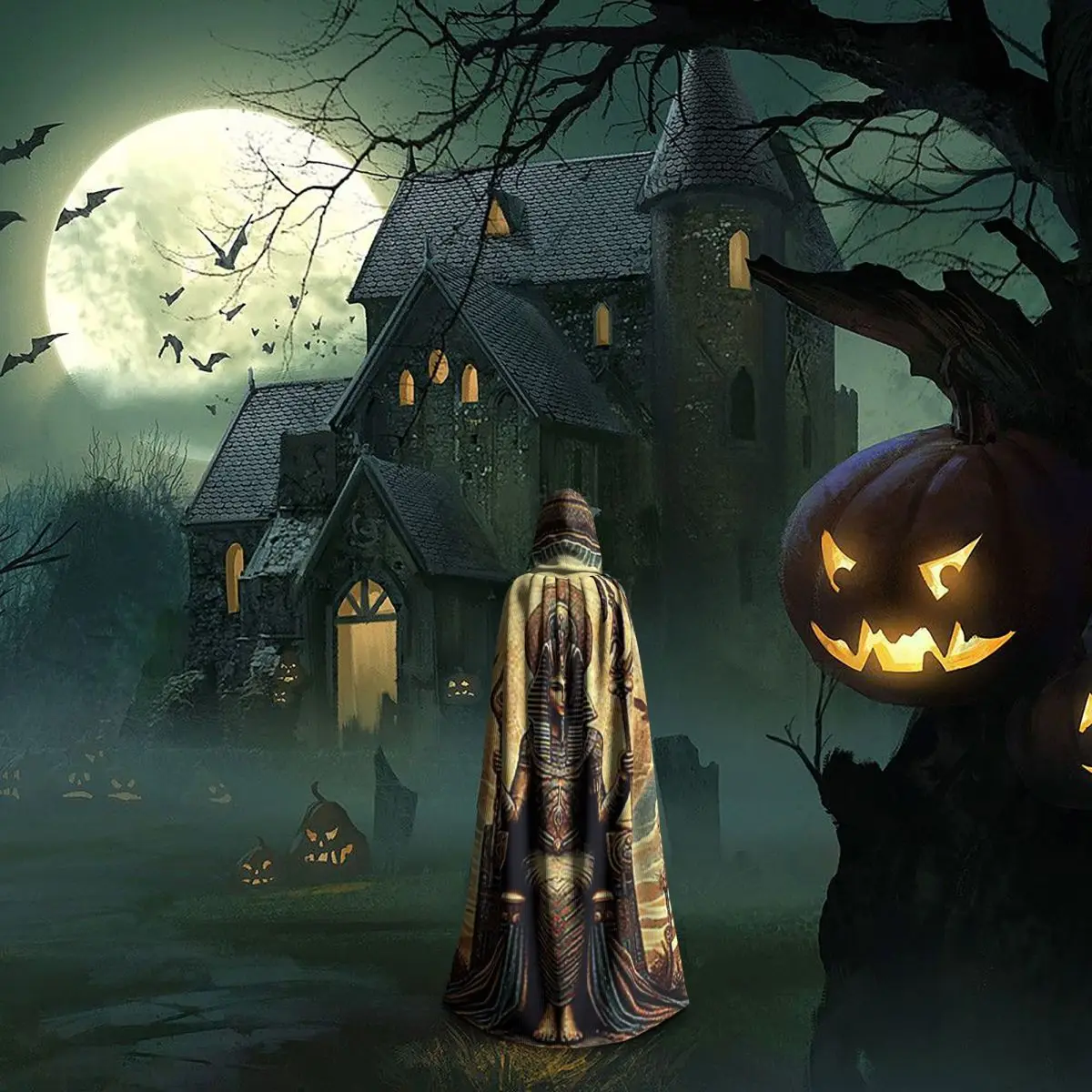 سلسلة الآلهة المصرية أوزوريس عباءة طويلة بقلنسوة الساحرة في القرون الوسطى زي تنكري معطف الهالوين للبالغين للجنسين