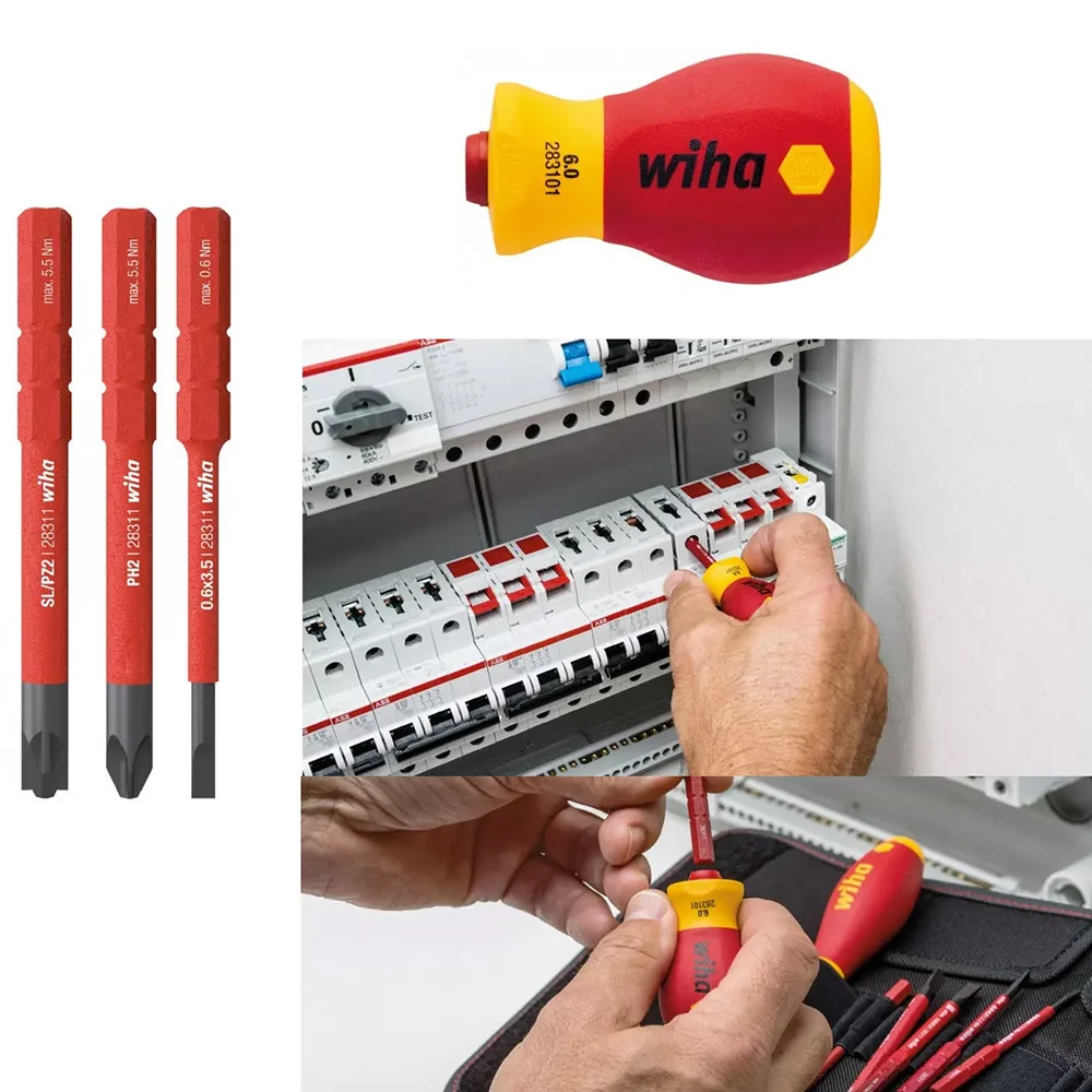 Wiha 41230 Stubby Screwdriver Set 1000v VDE Holder with 3 SlimVario Bits SL/PZ2, Slot 3.5mm, PH2