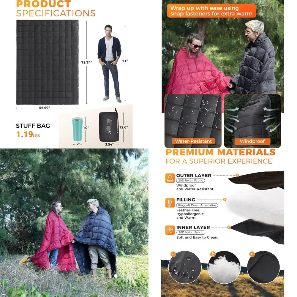 

Compact Waterproof Hiking Blanket with Snaps, Warm and Wearable for Outdoors, 78.7 x 56.7 Black