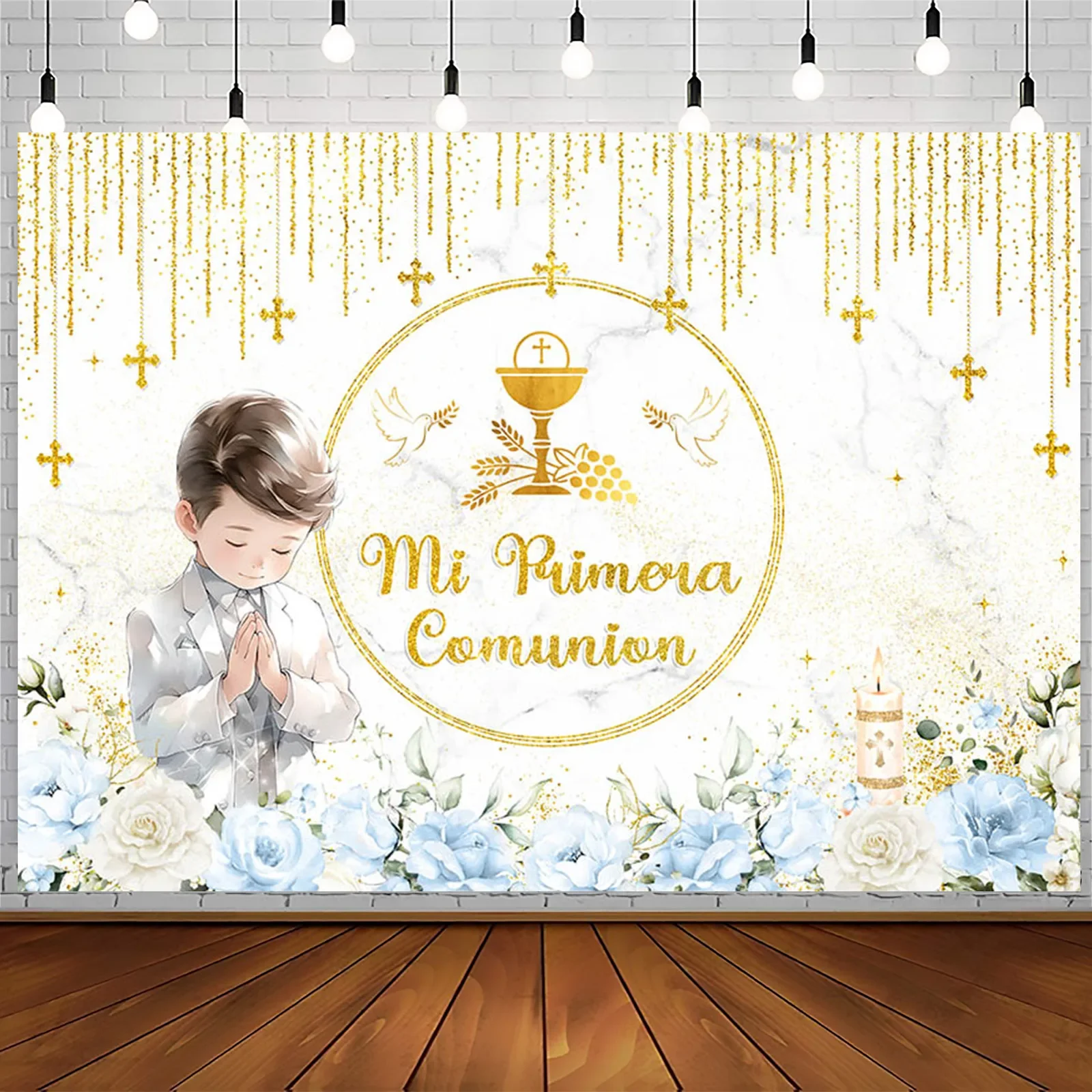 First Holy Communion Backdrop Gold Dots Flowers Gold Cross Boy or Girl My Baptism Party Decor Kids God Bless Photo Background