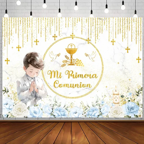 Imagen 2 del producto Fondo de primera comunión con puntos dorados, flores, cruz dorada, decoración para fiesta de bautismo para niño o niña, fondo fotográfico de bendición de Dios para niños