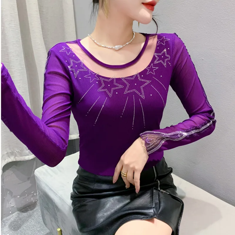 M-3XL New Autumn Chic Hollow Out Diamonds t-shirt da donna a maniche lunghe elegante Sexy o-collo Slim Shiny Mesh top Tees Blusas 2023