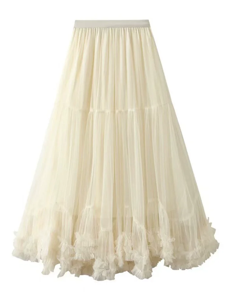 

Women Sweet Mesh Long Skirt Spring Vintage High Waist Ruffles Cute Skirts Korean Casual Loose Preppy Style Elegant Long Skirts