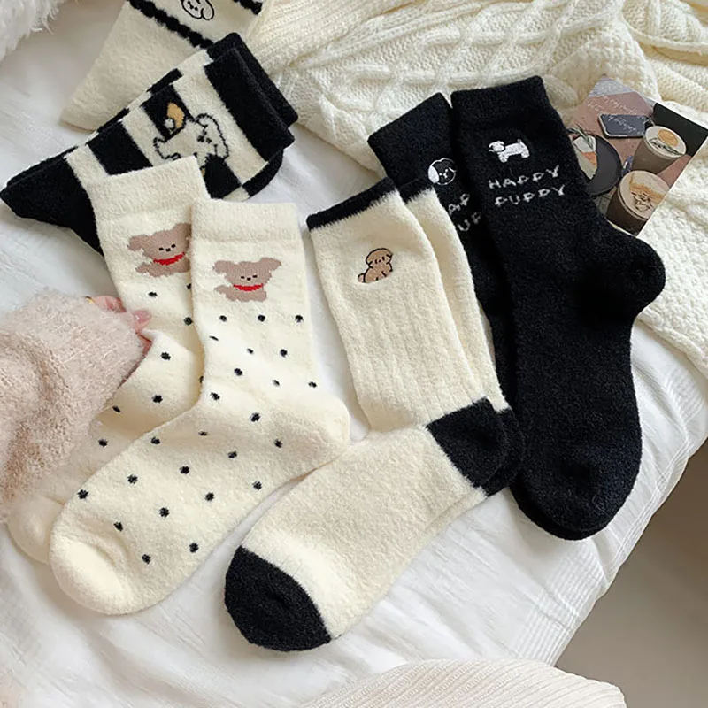 Autumn Winter Socks Breathable Womens Mid-tube Hose With Plush Thickened Mink Velvet Cute Cartoon Warm Stockings