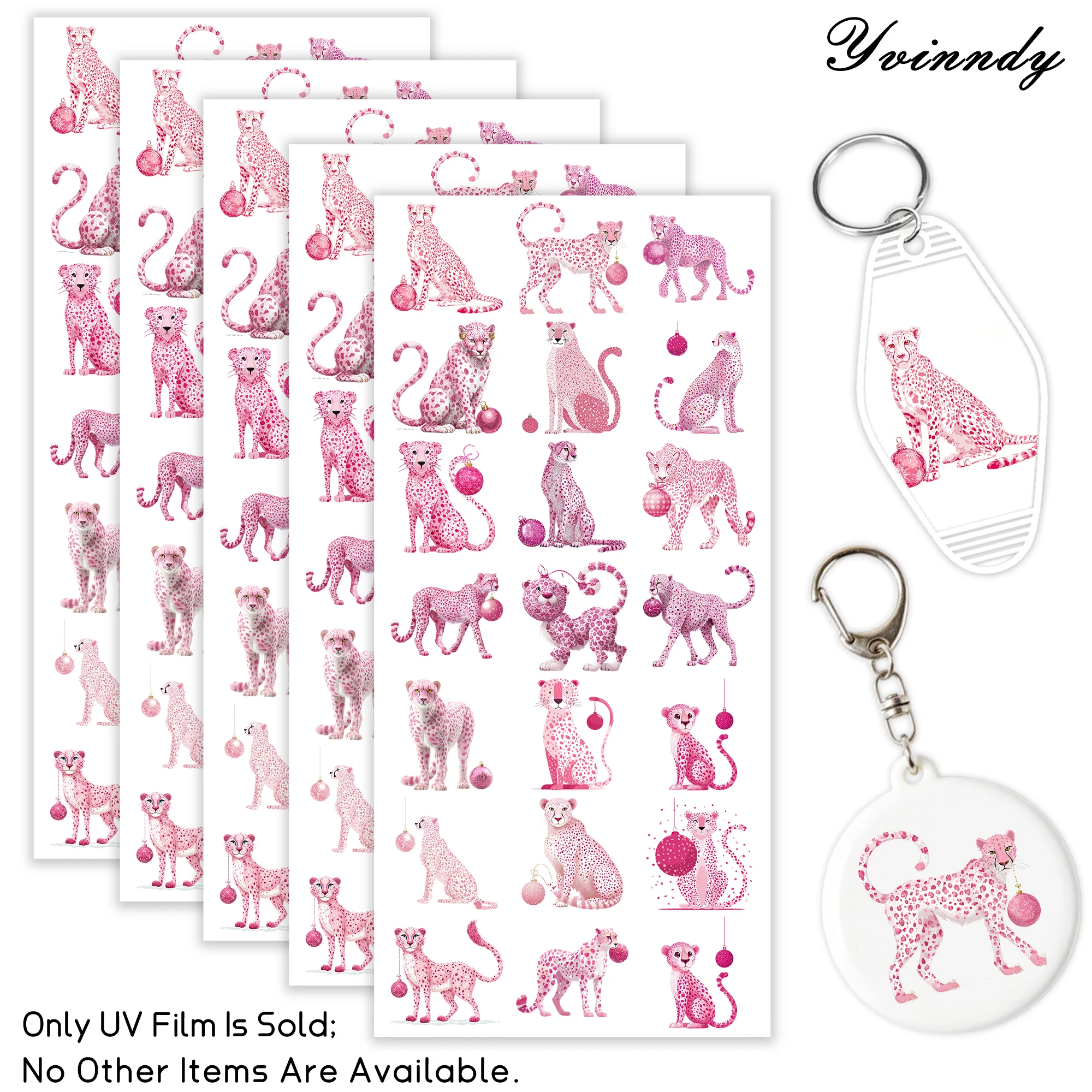 105pcs/set Christmas Pink Cheetah With Ball UV DTF Transfer Sticker Craft Kits with Crystal Label 16oz Glass Jars Wrap Stickers
