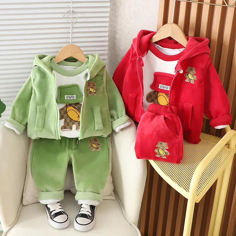 Mother Kids Girl Sets Children Clothing Autumn Warm Baby Boy Long Sleeve Cartoon Outfit Three-piece Trousers Child Suits Clothes