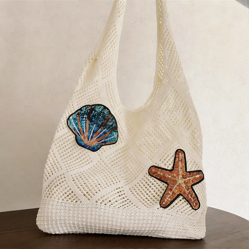 

Summer Crochet Shellfish Starfish Pattern Shoulder Bag Elephant Thailand Hollow Out Weave Bag Handbag Simple Knitted Tote Bag