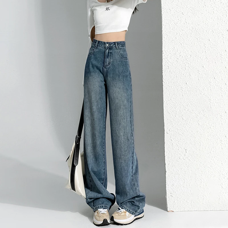 

Vintage blue wide-legged jeans female spring 2024 new explosive high-waisted straight loose small drag pants