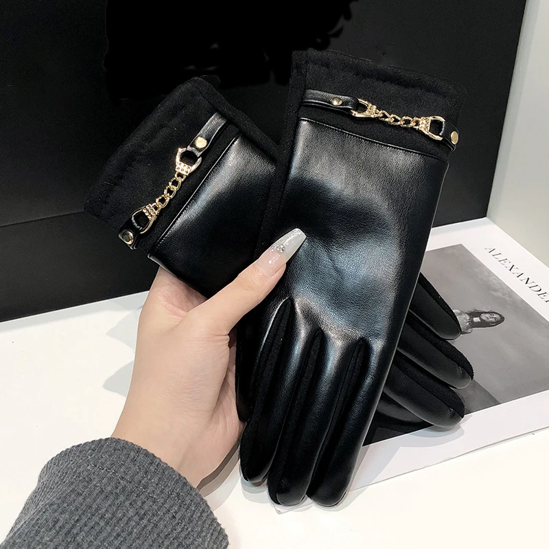 Luxurious High Quality Protein Leather Fleece Lined Women's Gloves Winter Cycling Windproof Keep Warm Elegant Touchscreen Gloves