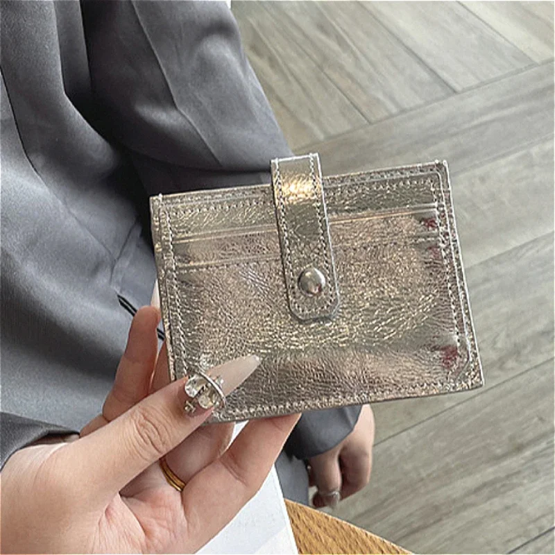 Bolso de cuero genuino con múltiples tarjetas para mujer, monedero con cremallera y ranura, monedero bonito, llavero, cartera con broche brillante plateado