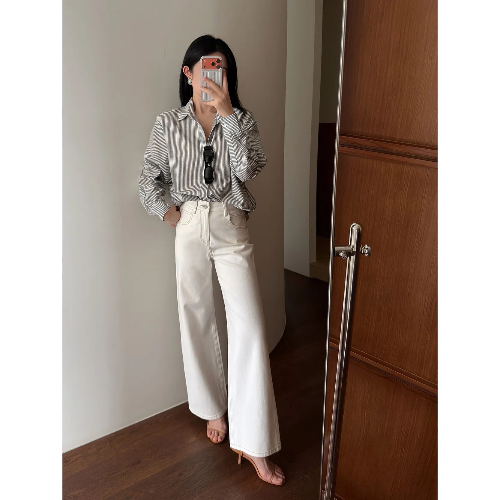 

Jiaoyang Dry White Jeans Soft Stretchy Slimming Straight Leg Cotton Denim Casual Ladies Faion Breathable Comfortable