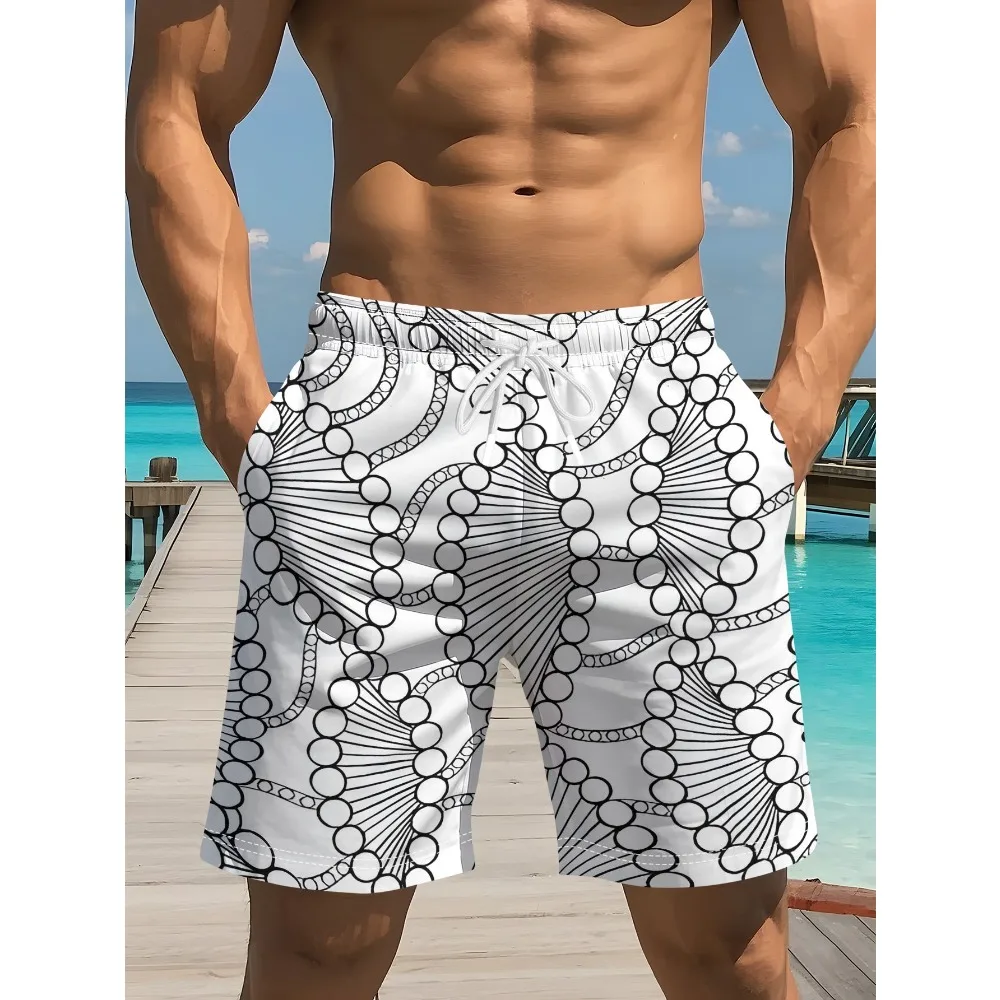 Summer Mens Abstract Circular Line Print Swim Shorts Quick Dry Drawstring Board Shorts Male Pool Surf Bathing Trunks