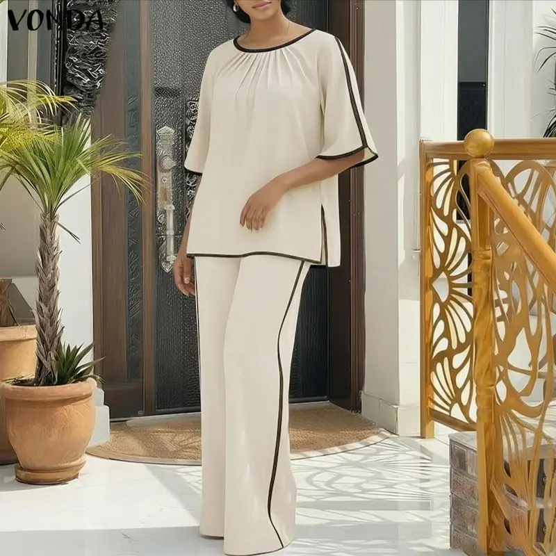 

VONDA Fashion Women Pant Sets O Neck Summer Half Sleeve Tops Wide Leg Pants 2PCS Two-piece Outfits OL Work Patchwork Streetwear