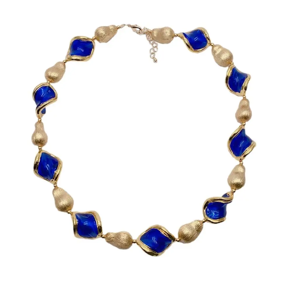Blue Murano Glass Gold Plated Brushed Bead Necklace Collar Choker Necklaces