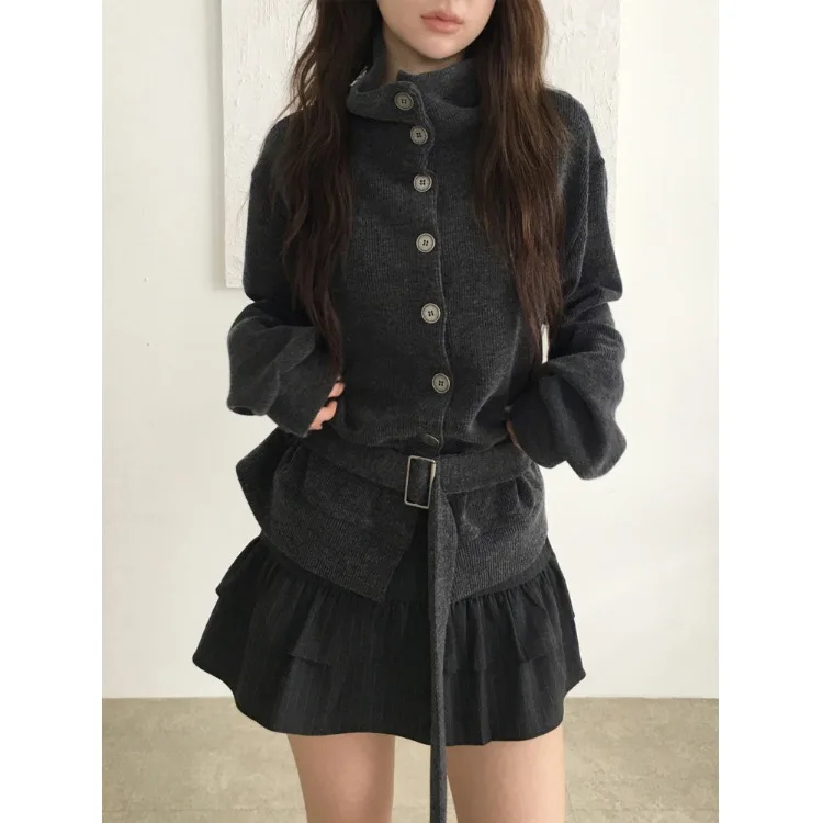 

Женский шикарный вязаный свитер с высоким воротником, повседневный, с пуговицами, свободного кроя, с длинными рукавами, осенне-зимний, модный, универсальный топ