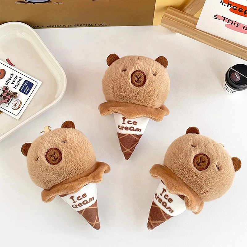 1PC Cute Ice Cream Cone Capybara Plush Doll Toy Stuffed Animals Keychain Bag Pendant Diy Key Hanging Ornament Accessory Gift