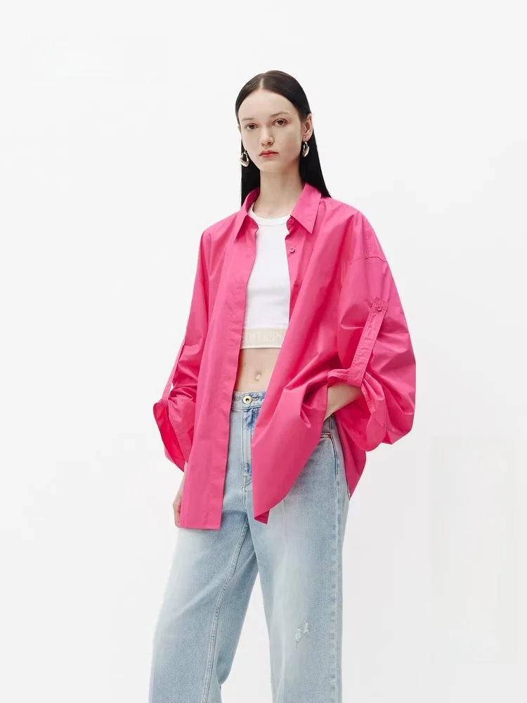 

Свободная женская рубашка, осенняя новинка, стильный дизайн, из чистого хлопка, однотонная, с длинным рукавом, с острым воротником, средней длины.