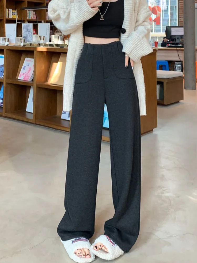 Pantaloni bianchi slim a gamba larga Pantaloni da donna a vita alta drappeggiati dimagranti in lana Pantaloni casual a gamba dritta Autunno Inverno