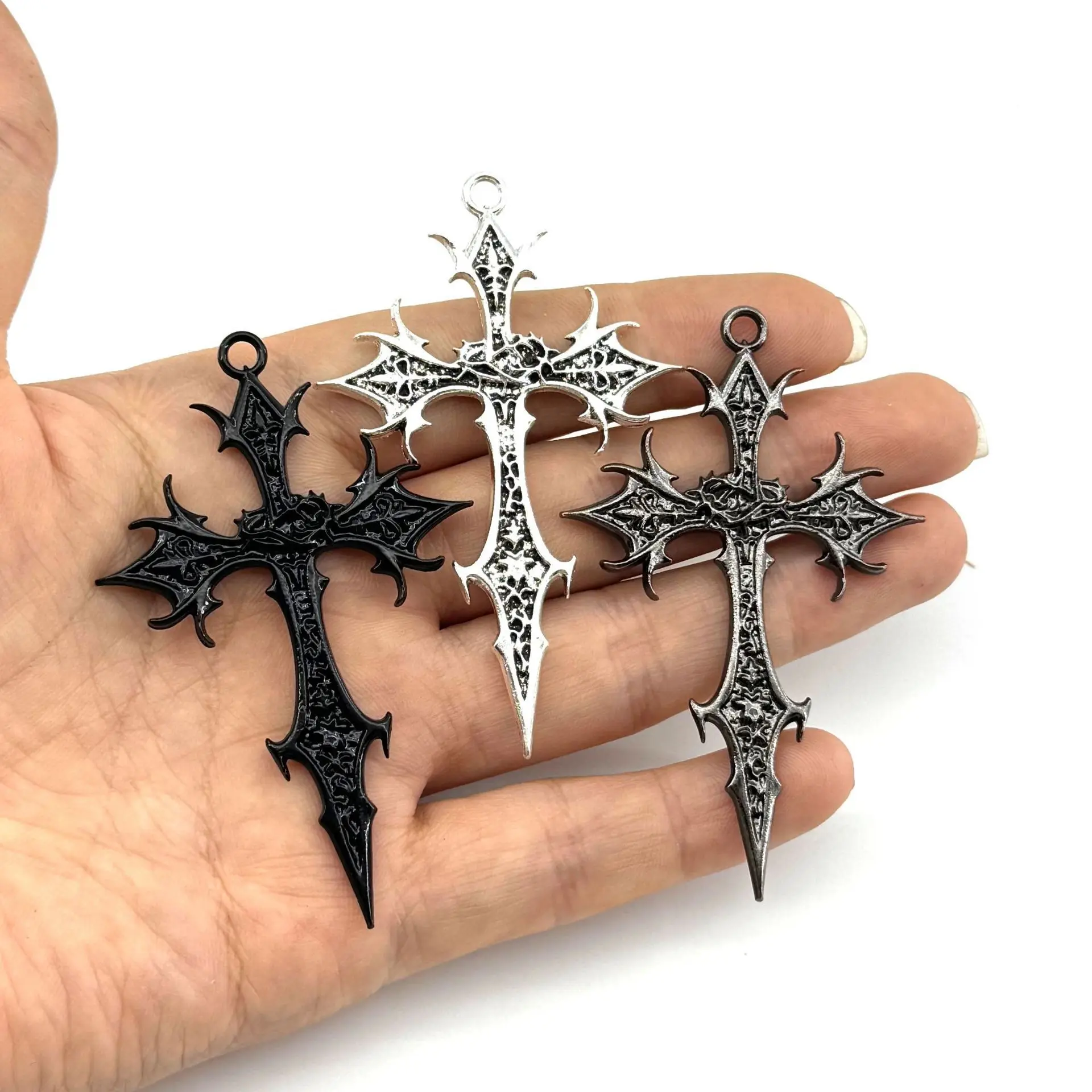 3pcs Punk Gothic Thorn Cross Charms Black Silver Metal Pendants for DIY Necklaces & Earrings
