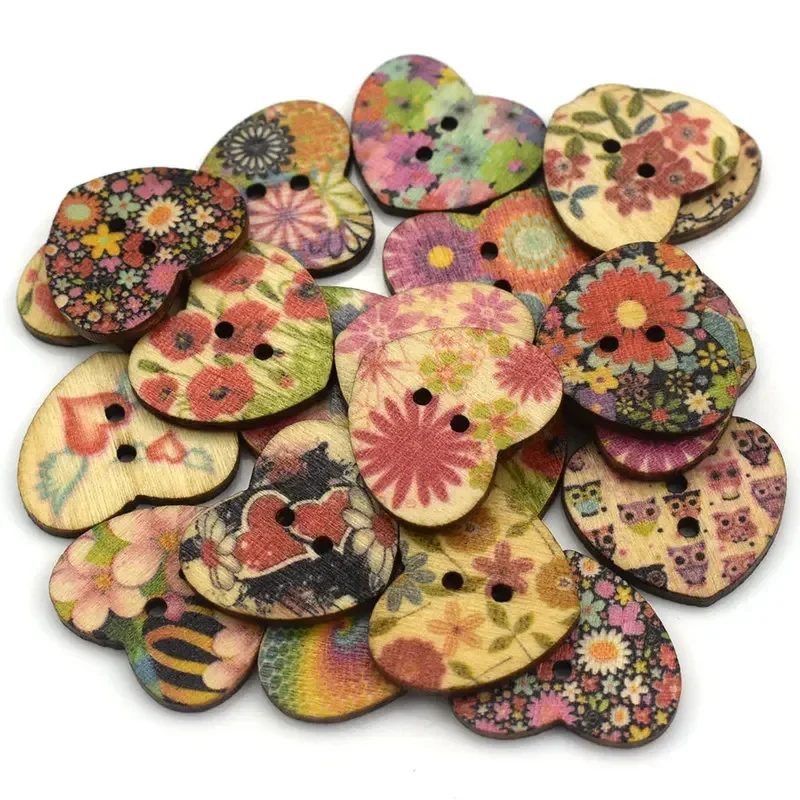 50PCS 25MM Wooden Button Heart Shape 2-Hole Wood Buttons Garment Accessories Sewing DIY for Baby Clothing Button Bag