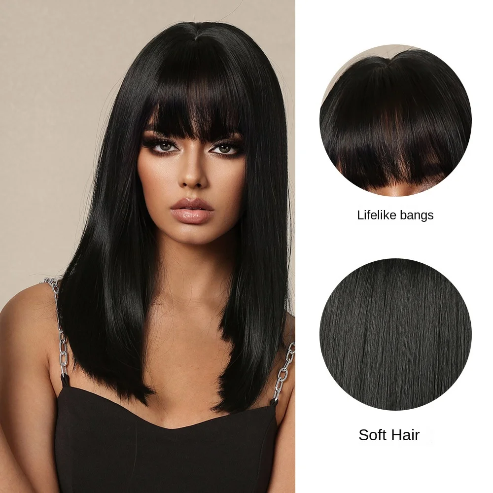 Bob Wig with Bangs, Blunt Cut Wig, Black Short Straight Hair for Women,Black Shoulder Length Synthetic Glueless Wigs for Daily