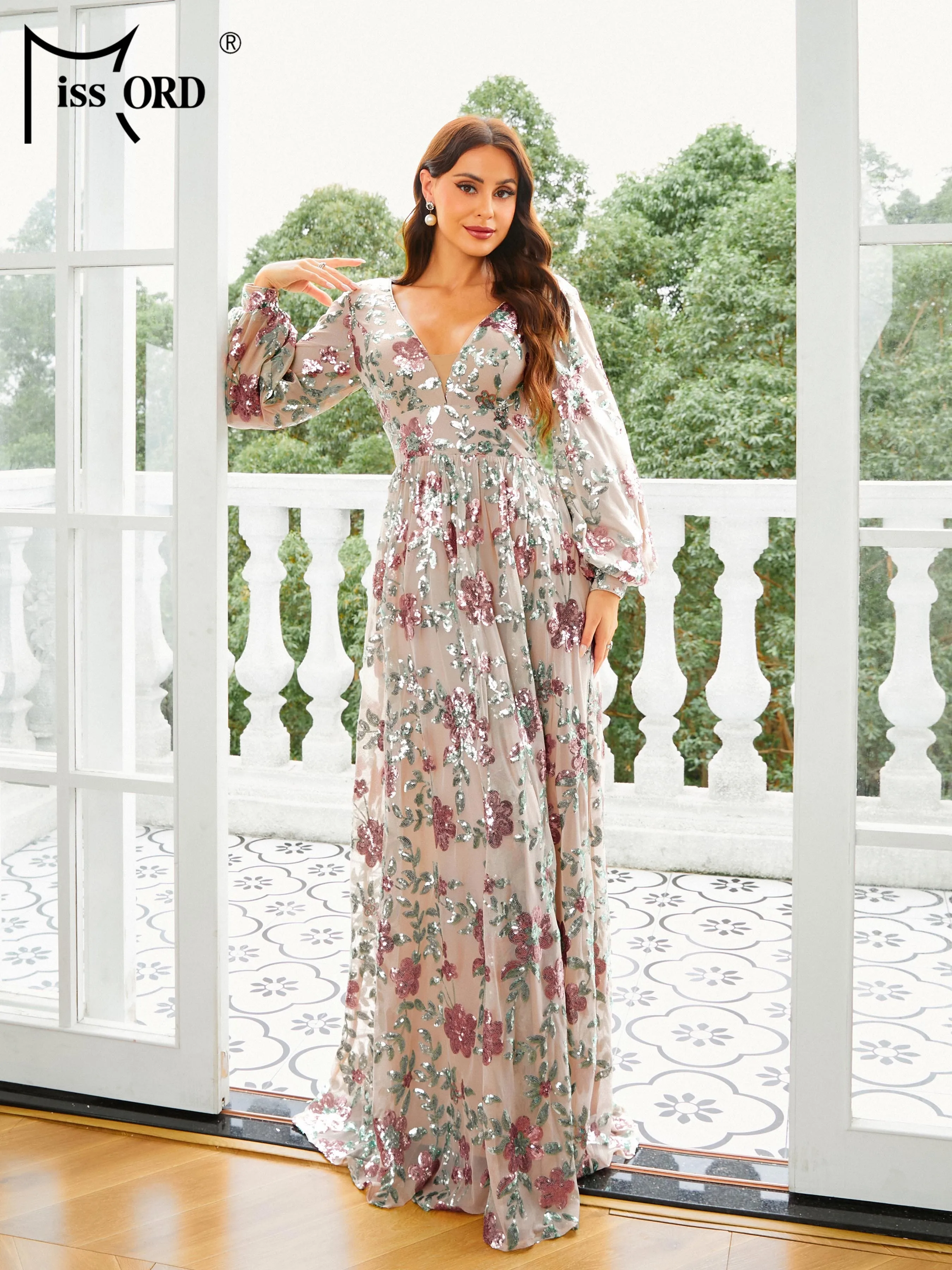 Missord 2024 New Elegant Comfortable Long Sleeved V Neck A Line Floral Floor Length Party Evening Prom Dress