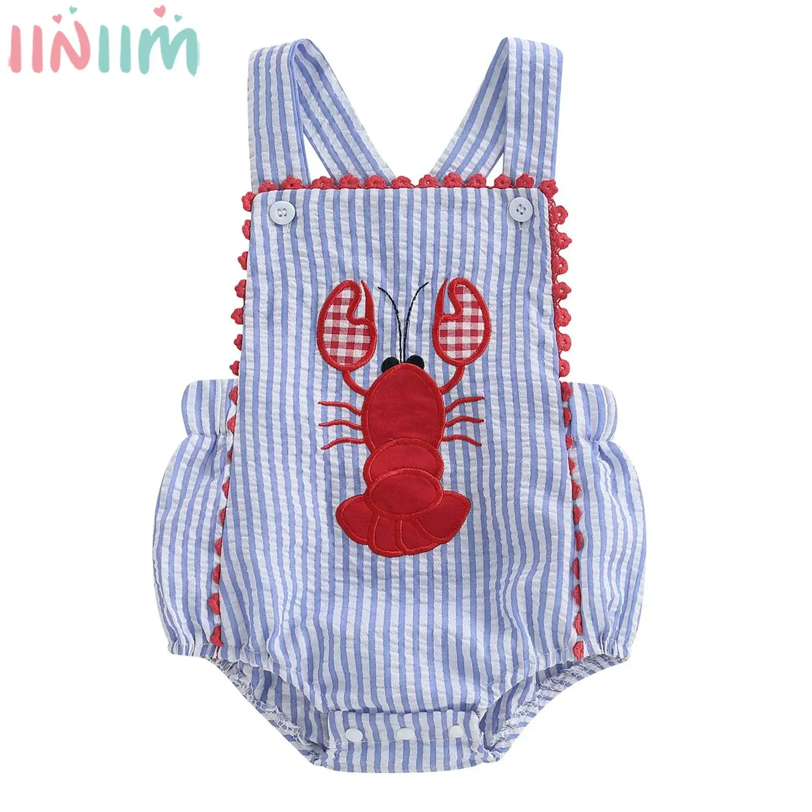 

Baby Boys Summer Casual Overalls Sleeveless Cute Lobster Embroidery Striped Print Romper Jumpsuit for Daily Party Photography