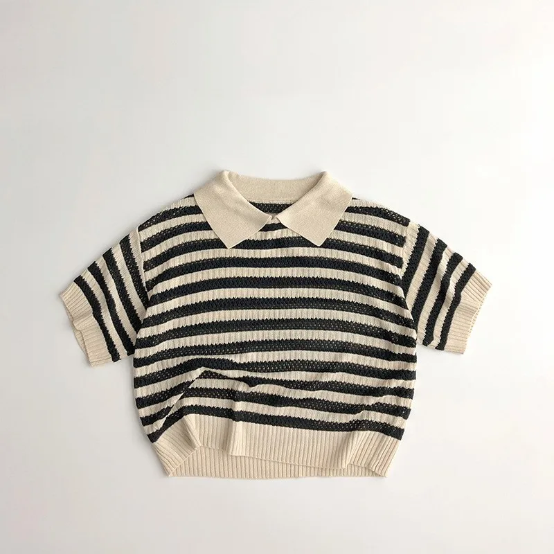 Spring Autumn New Children Knitting Hollow Out Polo Shirt Girl Baby Loose Short Sleeve Pullover Tops Boy Kid Casual Striped Tees