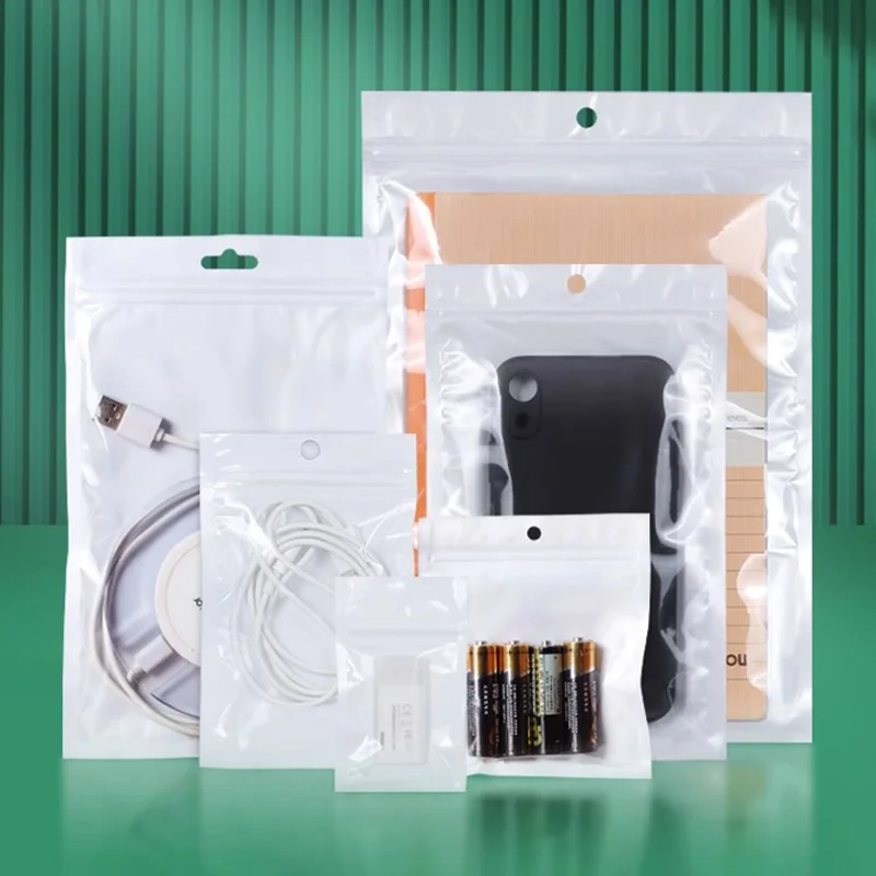 100 pieces of white pearlescent film ziplock bags, translucent digital product packaging bags with company logo printed on them