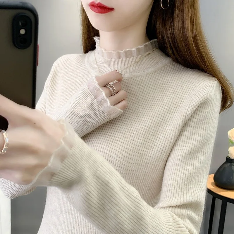 

Lace Spliced Half High Neck Sweater For Women Temperament Commuting Pullover Top Solid Color Knitted Top Autumn Winter New