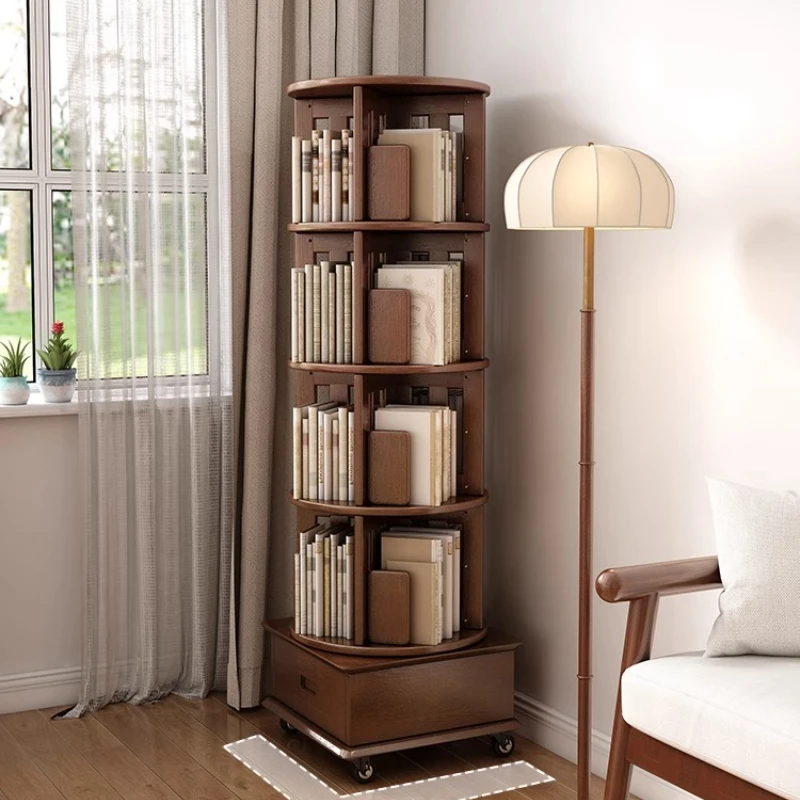 

Rotating Bookshelf 360 Degree Bookcase Solid Wood Children's Mobile Wheel Living Room Bedroom Creative Corner Shelf