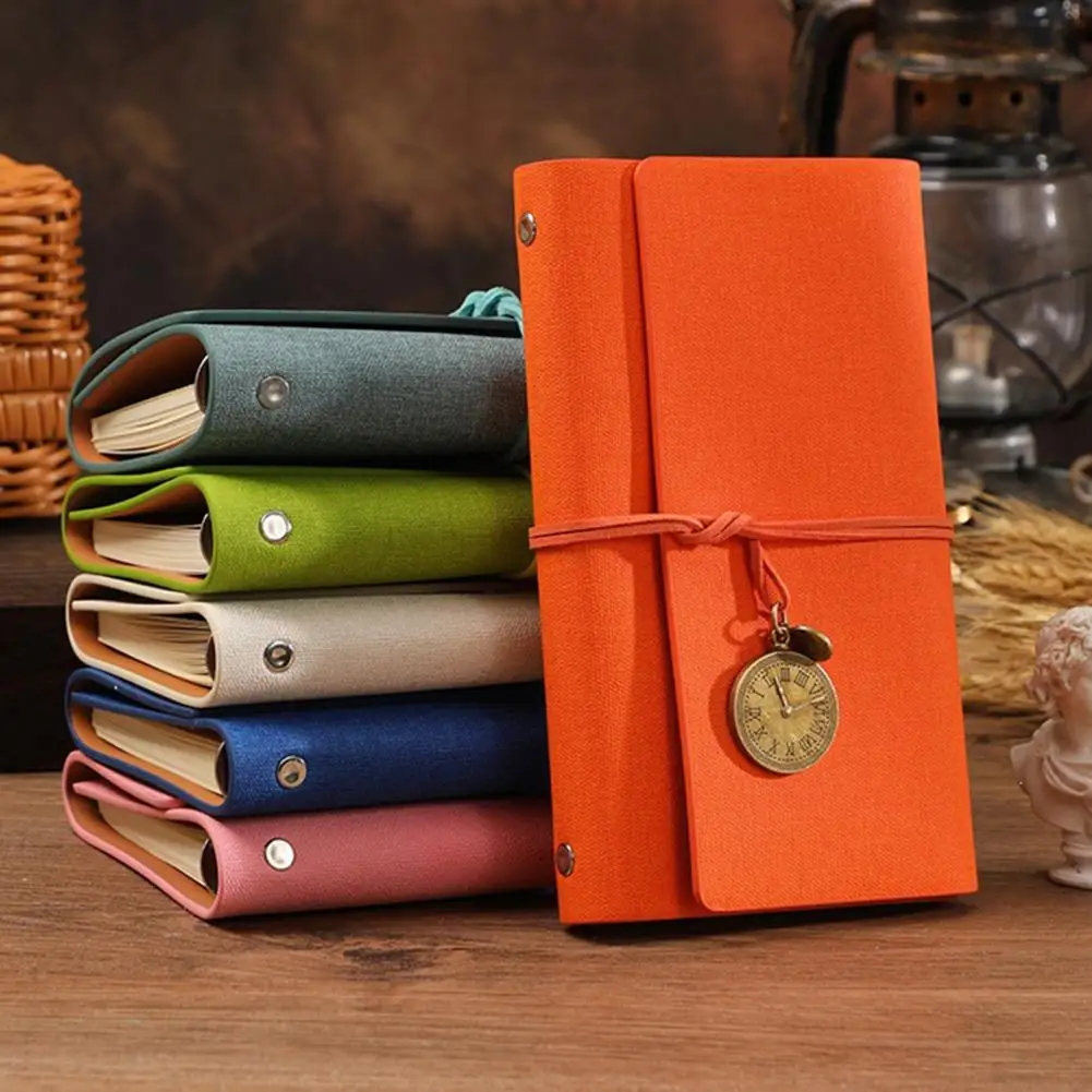 A6 Faux Leather Journal Notebook, 6 Ring Loose Leaf Binder with Retro Clock Pendant, 7 Inch Personal Planner for Travel Writing,